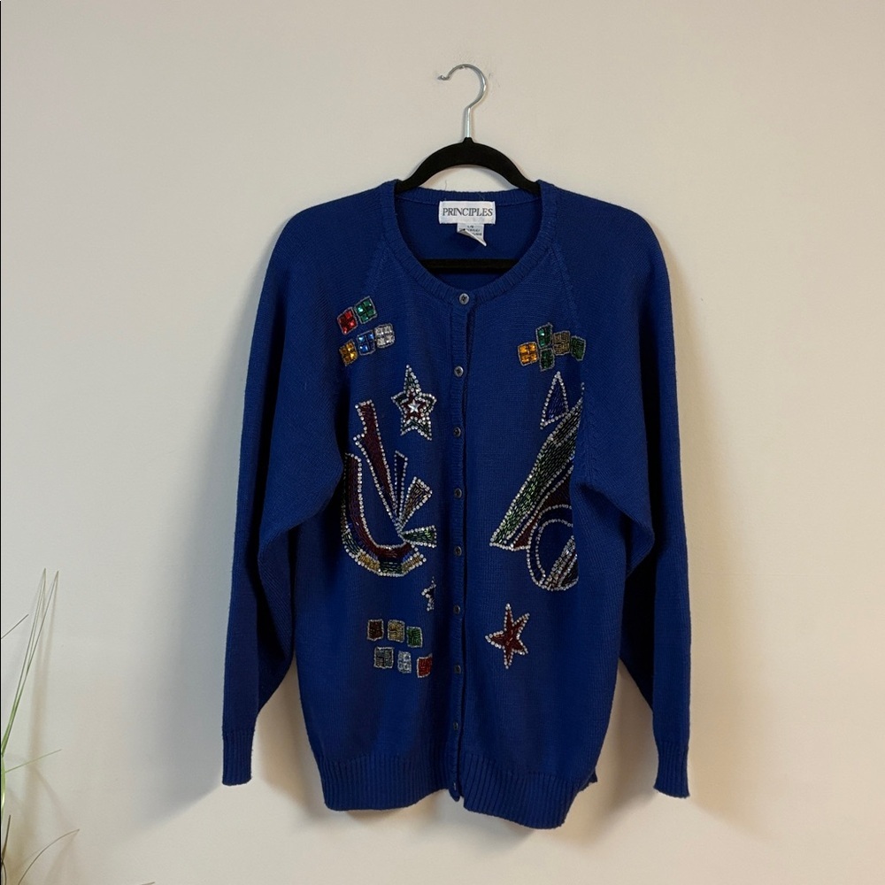 Vintage Principles Women’s beaded Blue/purple Cardigan size L Granmacore - Picture 2 of 7